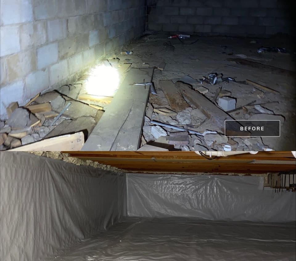 A crawlspace has been cleaned and encapsulated with a vapor barrier after debris removal, with interior drainage infrastructure visible along the perimeter.