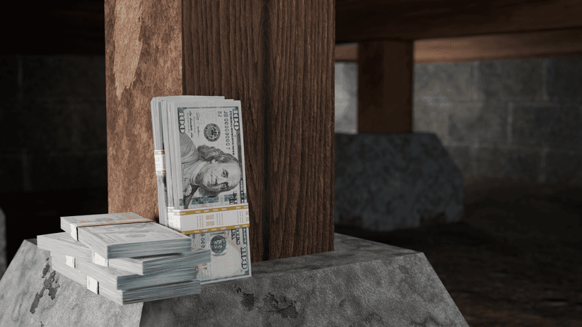 Illustration of stacks of money on a concrete block in a crawl space, representing cost savings.