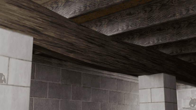 Illustration of a sagging support beam and floor joists in a crawl space with concrete block walls