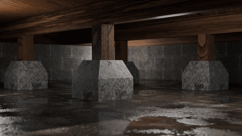 Illustration of a wet crawl space with standing water on the ground, wooden support posts, and concrete pier blocks