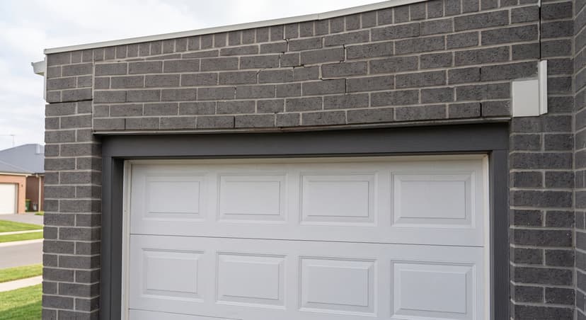 Epp Foundation Repair inspecting a sagging lintel above a garage door with stair-step cracks in the brick.