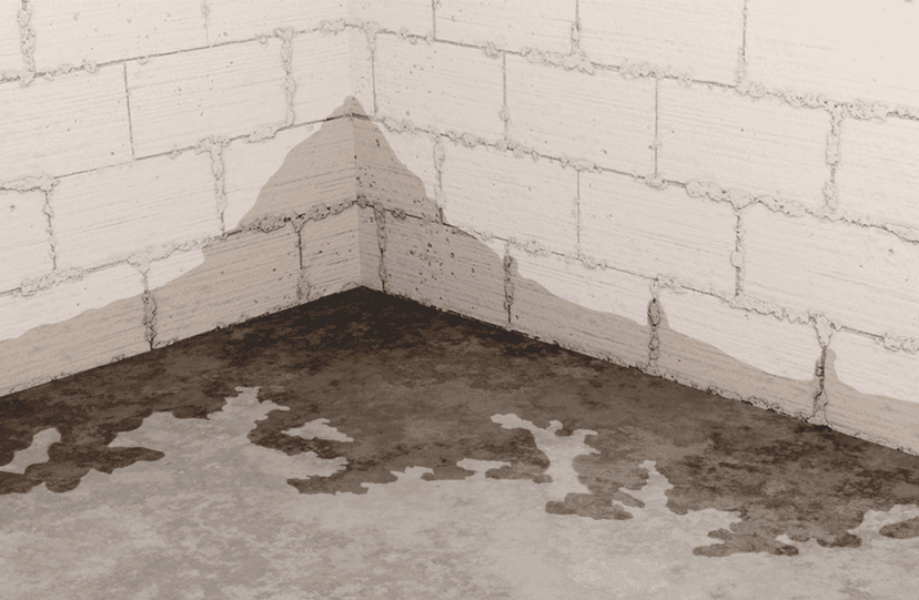 Epp Foundation Repair identifies water entering a basement at the cove joint, pooling on the concrete floor.
