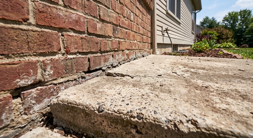 Epp Foundation Repair inspecting gaps between an exterior concrete slab and a brick foundation wall.