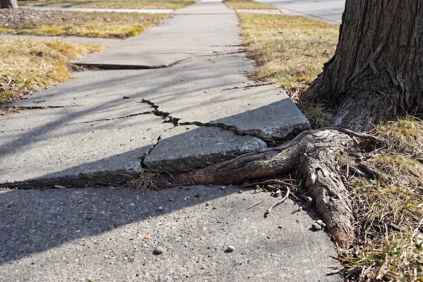 Epp Foundation Repair inspecting tree root damage causing a cracked and uneven concrete sidewalk.
