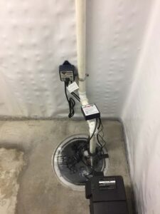 A sump pump is part of a drain tile waterproofing system.